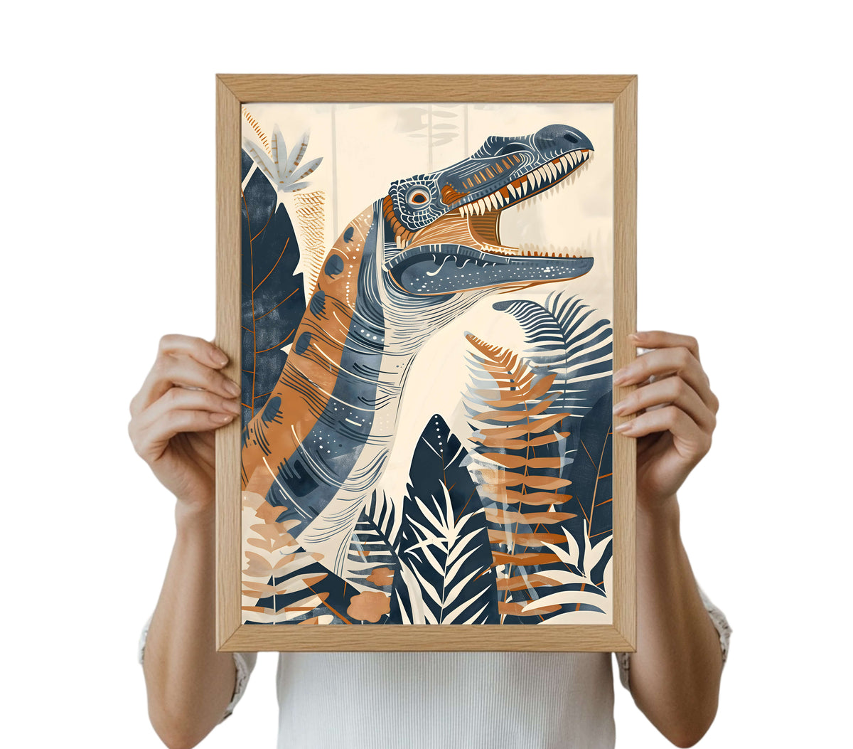 Dinosaur Wall Art! Featuring steel grey colours and vibrant burnt mustard foliage,