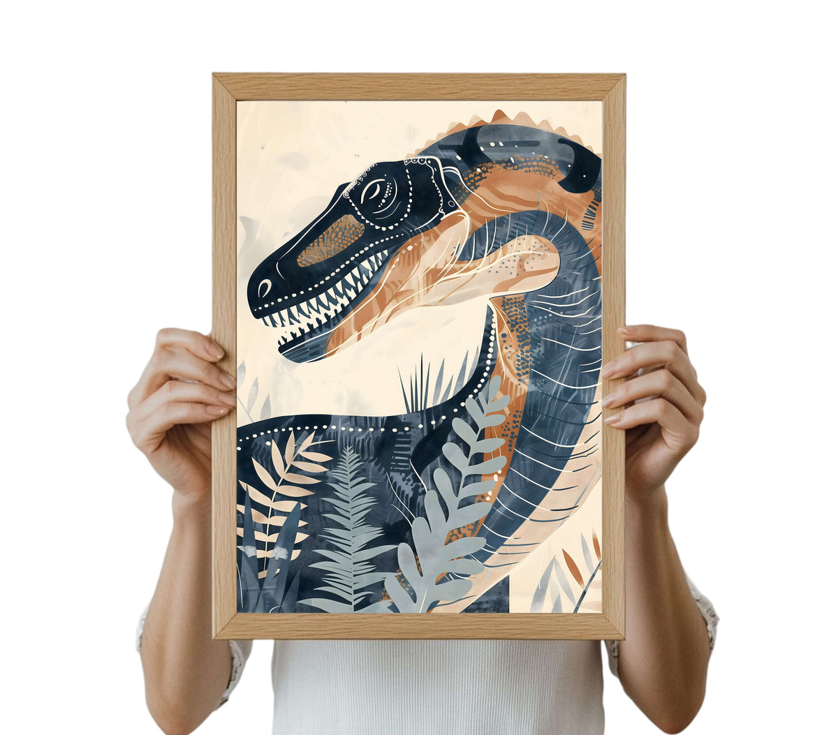 Dinosaur Wall Art! Featuring steel grey colours and vibrant burnt mustard foliage,