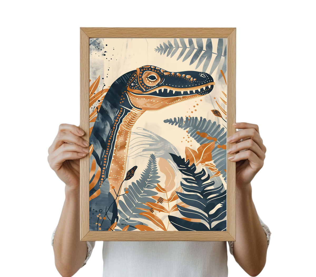 Dinosaur Wall Art! Featuring steel grey colours and vibrant burnt mustard foliage,