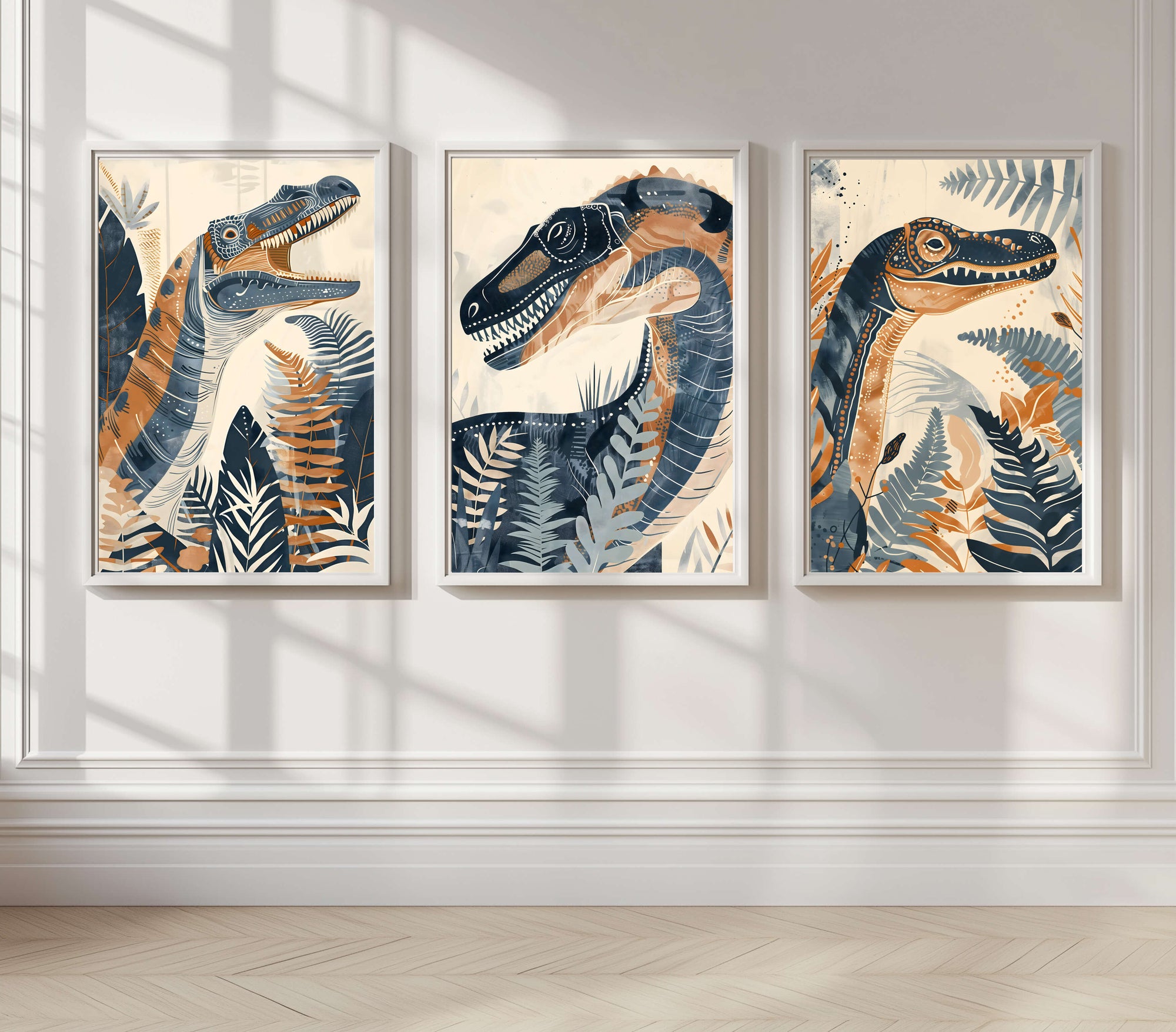 Dinosaur Wall Art! Featuring steel grey colours and vibrant burnt mustard foliage,