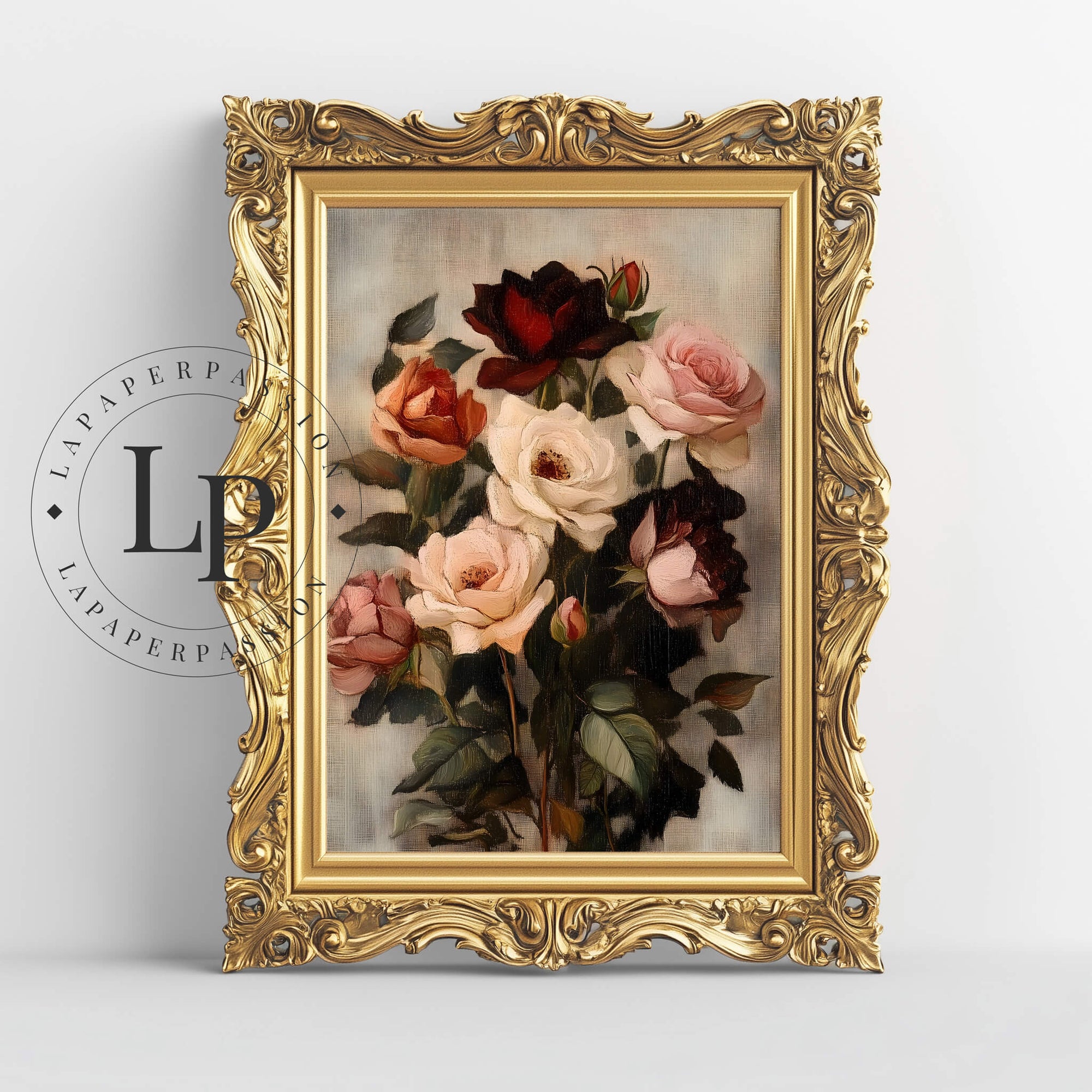 Vintage Rose Nursery Art print colors red pink cream stem of roses vintage oil  aesthetic